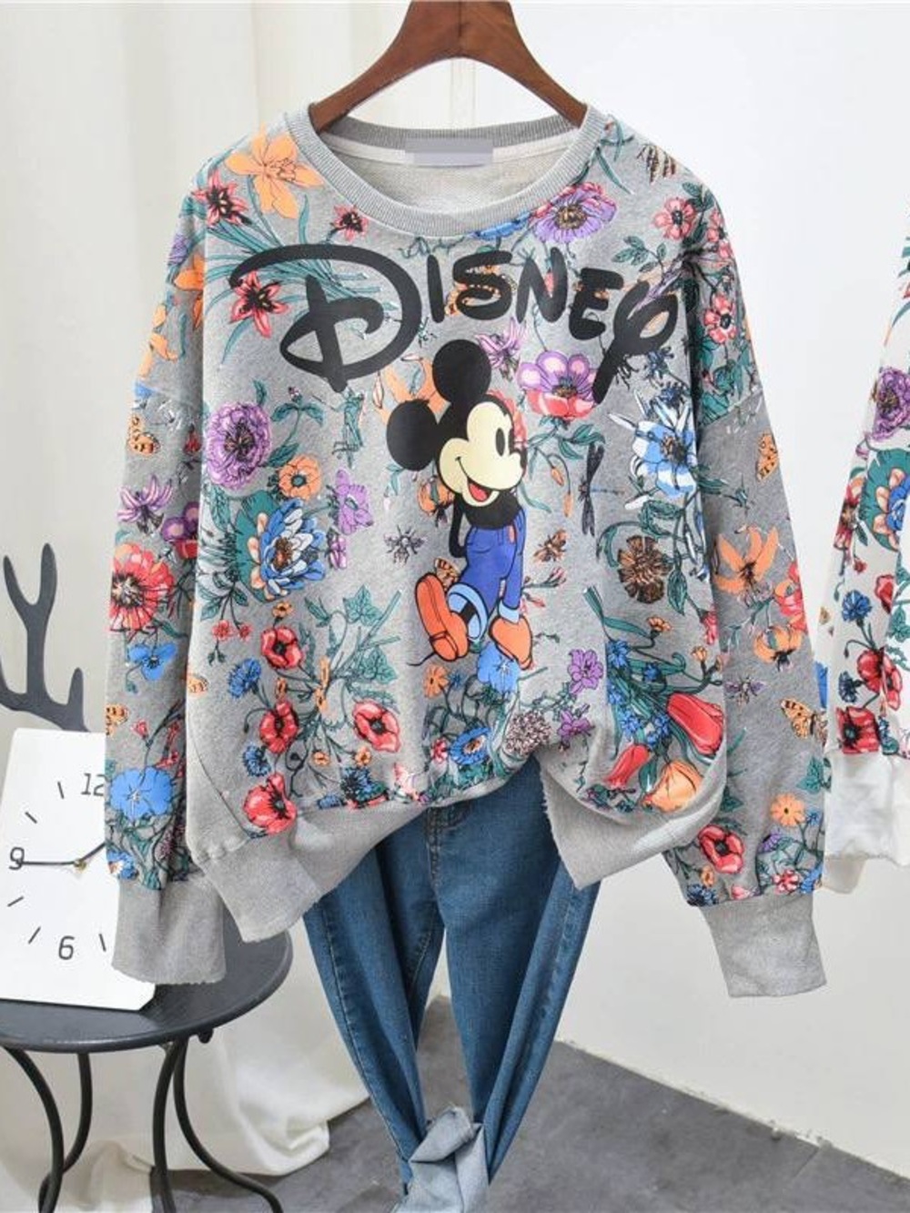 Disney Grey Floral Mickey Sweatshirt with Colorful Blooms